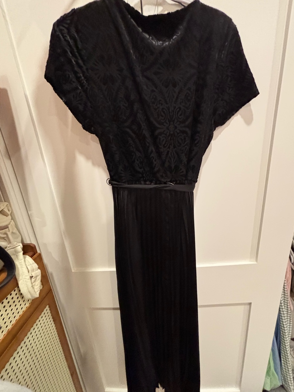 Sandra Darren Black Velvet Bodice Pleated Maxi Dress